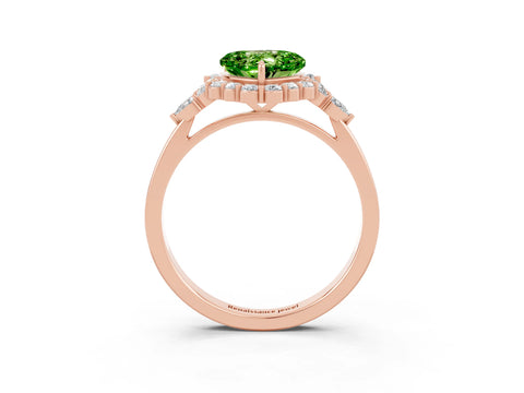 Rose gold Heart Cut Peridot Halo Ring with Pear Side Stones and Prong Setting_15