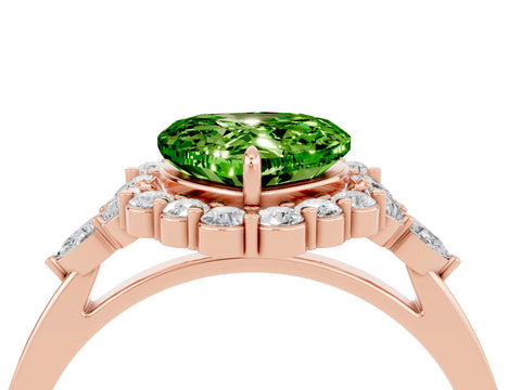 Rose gold Heart Cut Peridot Halo Ring with Pear Side Stones and Prong Setting_16
