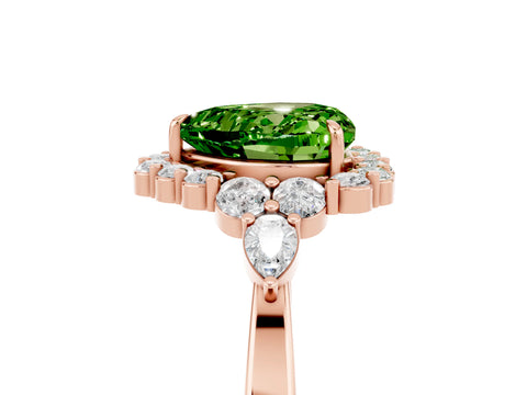 Rose gold Heart Cut Peridot Halo Ring with Pear Side Stones and Prong Setting_17