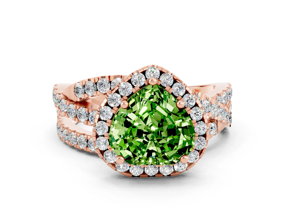 Rose gold Heart Cut Peridot Halo Ring with Round Split Shank and Prong Setting_48