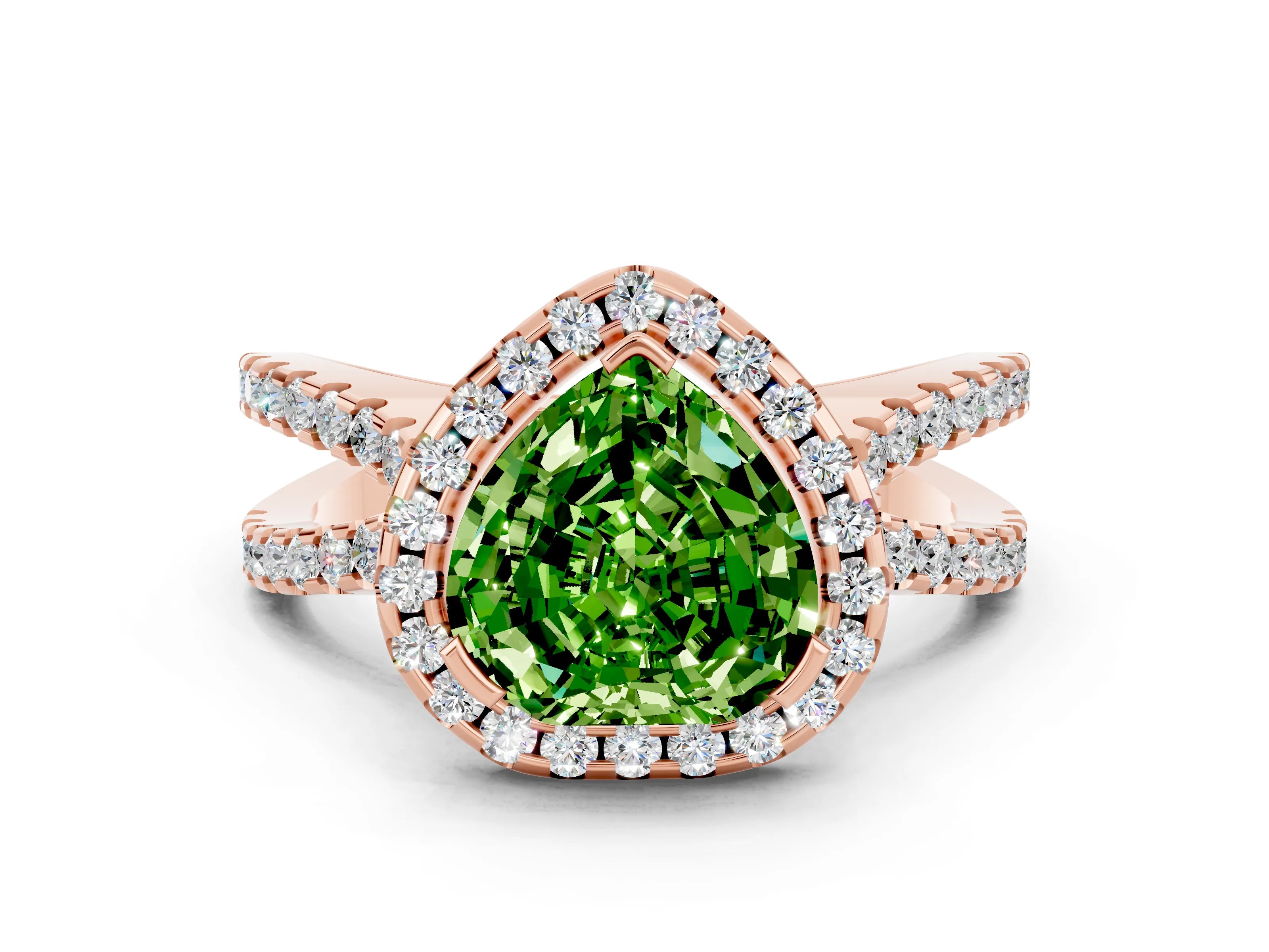 Rose gold Heart Cut Peridot Halo Ring with Split Shank Pavé Band and Prong Setting