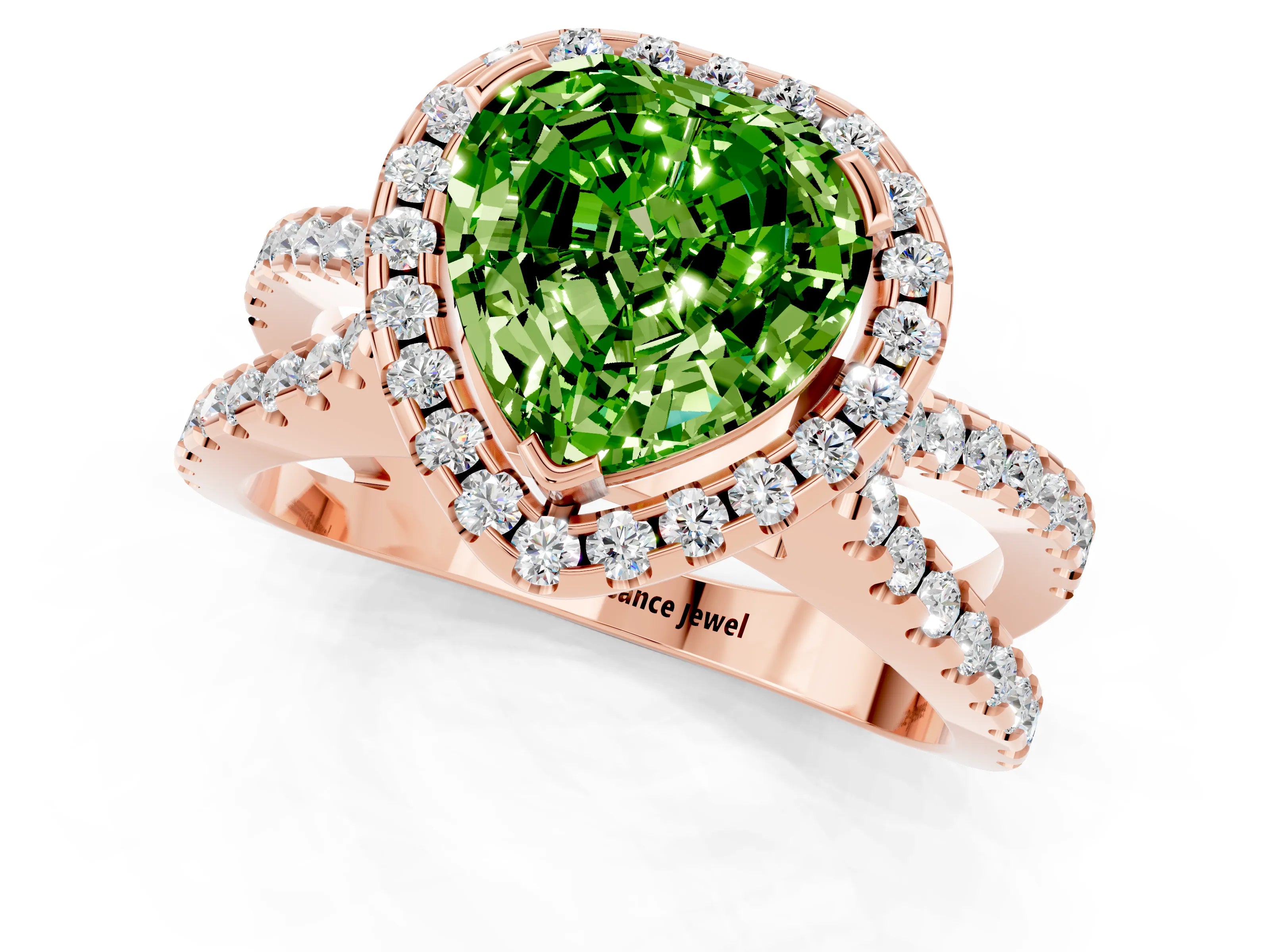 Rose gold Heart Cut Peridot Halo Ring with Split Shank Pavé Band and Prong Setting_1