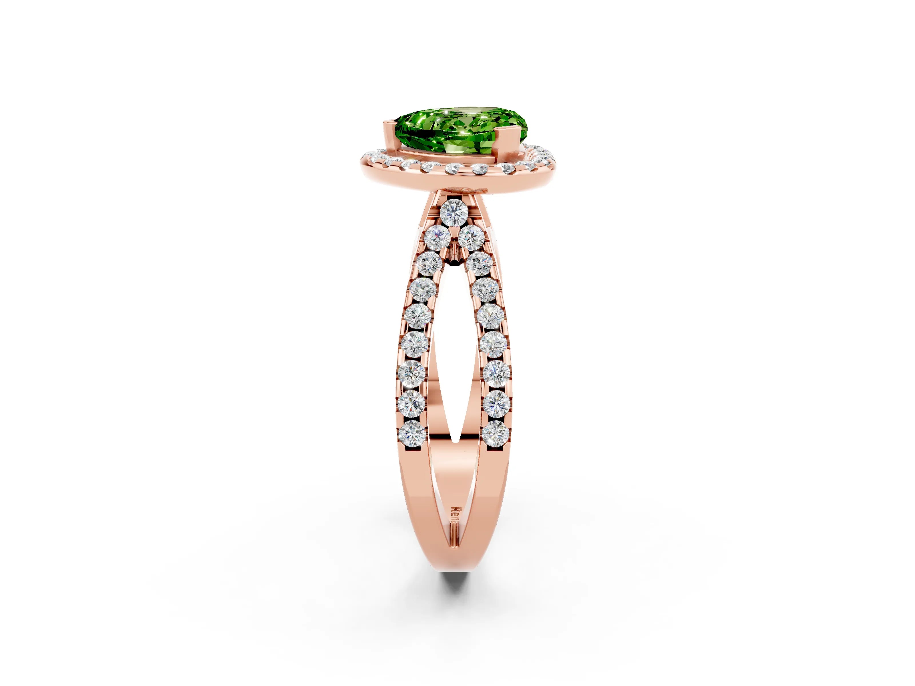 Rose gold Heart Cut Peridot Halo Ring with Split Shank Pavé Band and Prong Setting_2