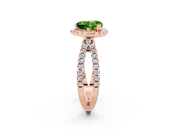Rose gold Heart Cut Peridot Halo Ring with Split Shank Pavé Band and Prong Setting