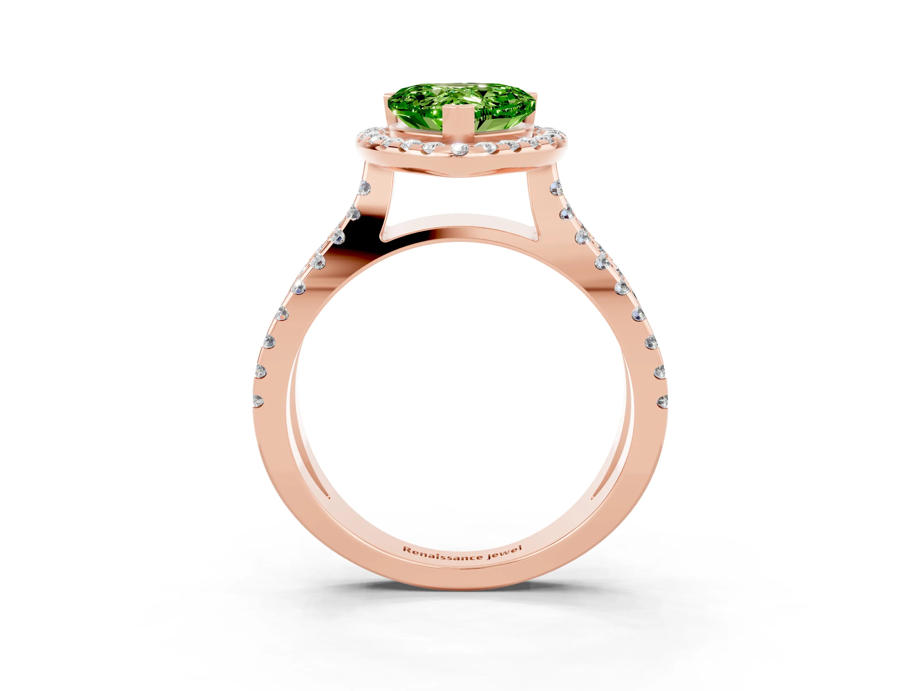 Rose gold Heart Cut Peridot Halo Ring with Split Shank Pavé Band and Prong Setting_3