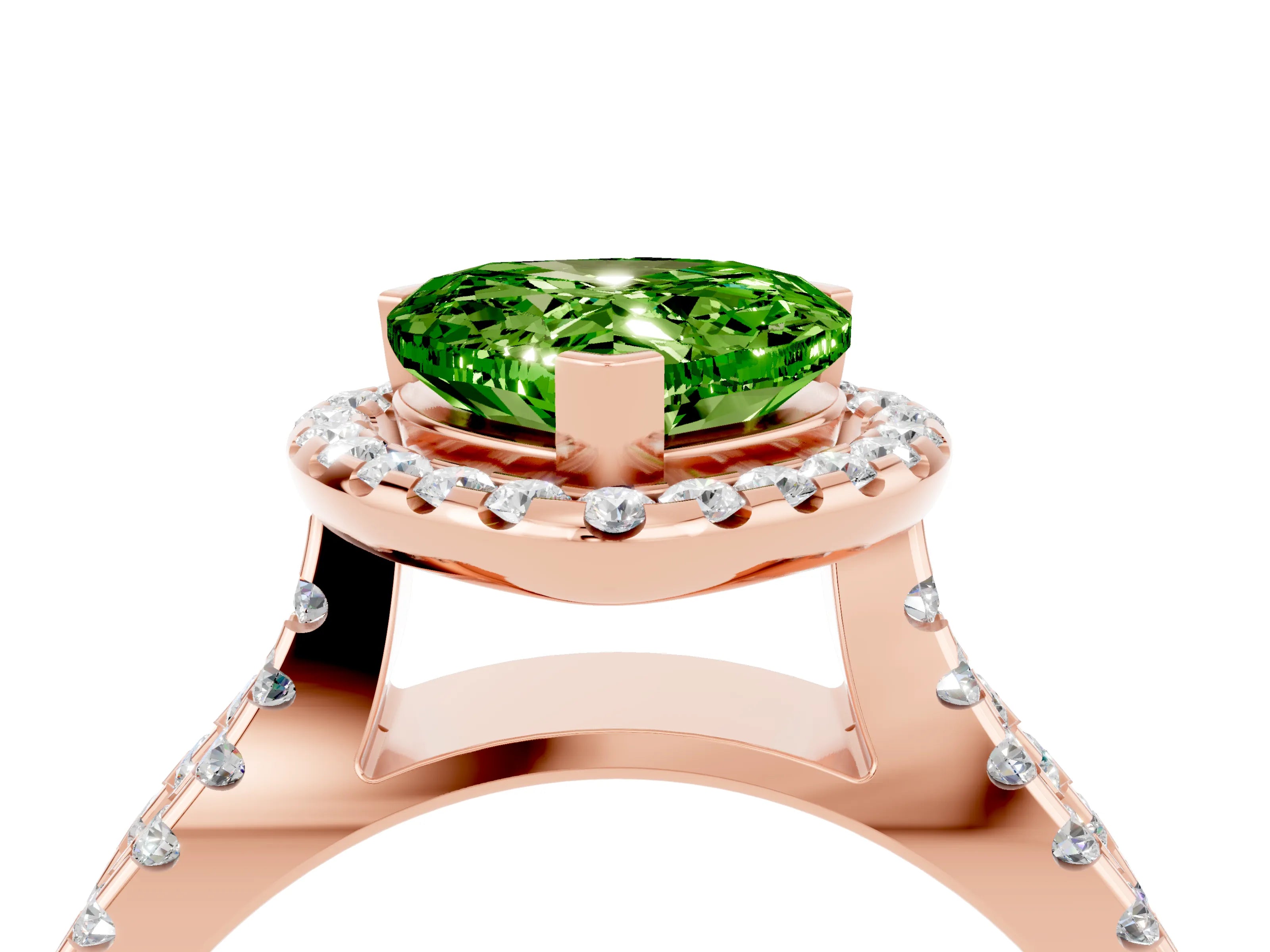 Rose gold Heart Cut Peridot Halo Ring with Split Shank Pavé Band and Prong Setting_4