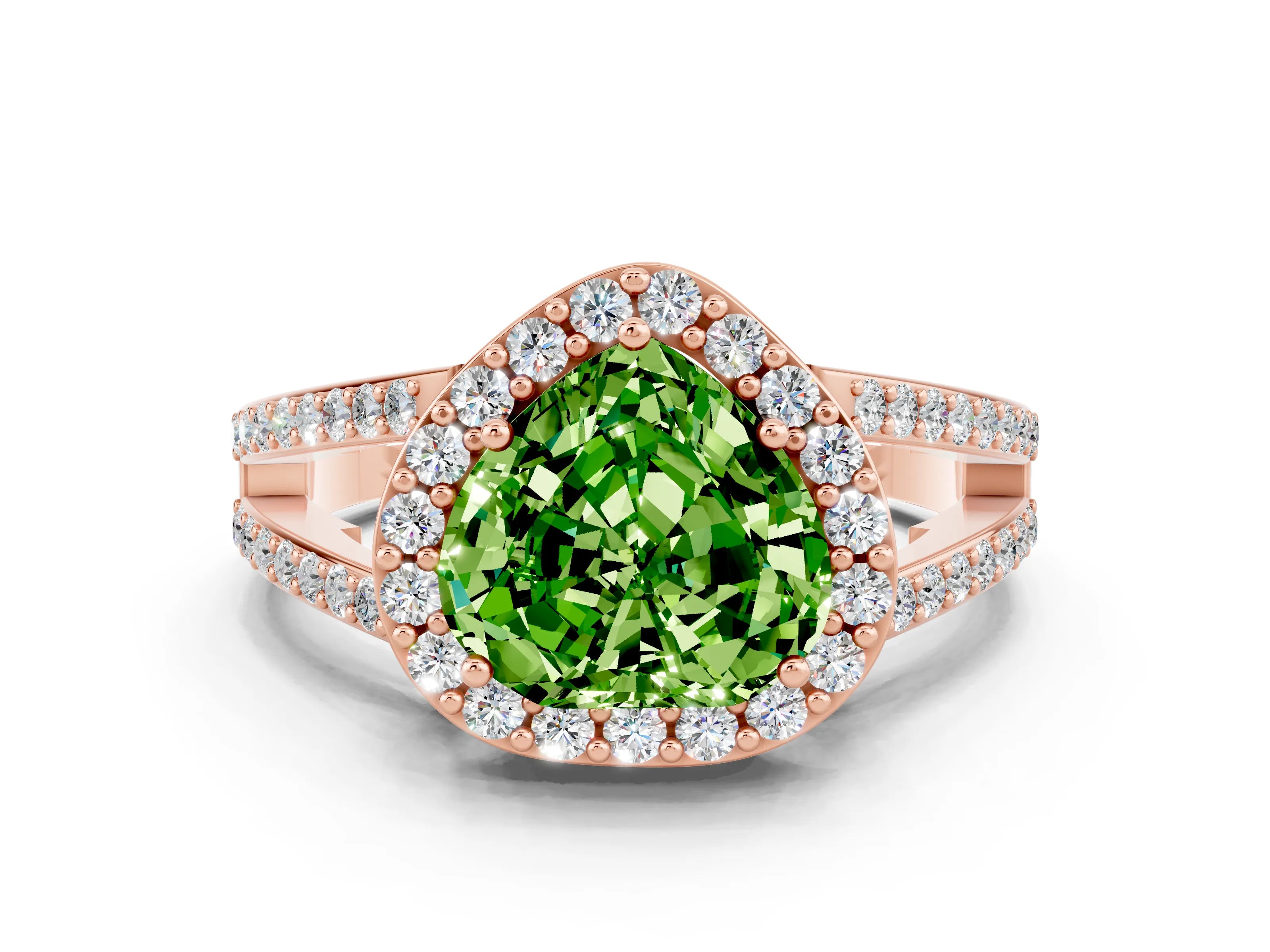 Rose gold Heart Cut Peridot Halo Ring with Split Shank U-Prong Band and Four-Prong Setting