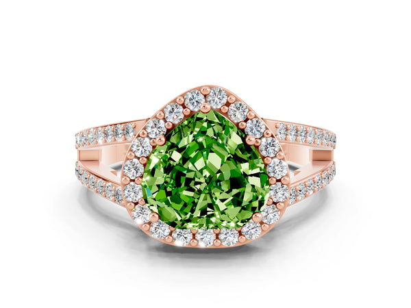 Rose gold Heart Cut Peridot Halo Ring with Split Shank U-Prong Band and Four-Prong Setting