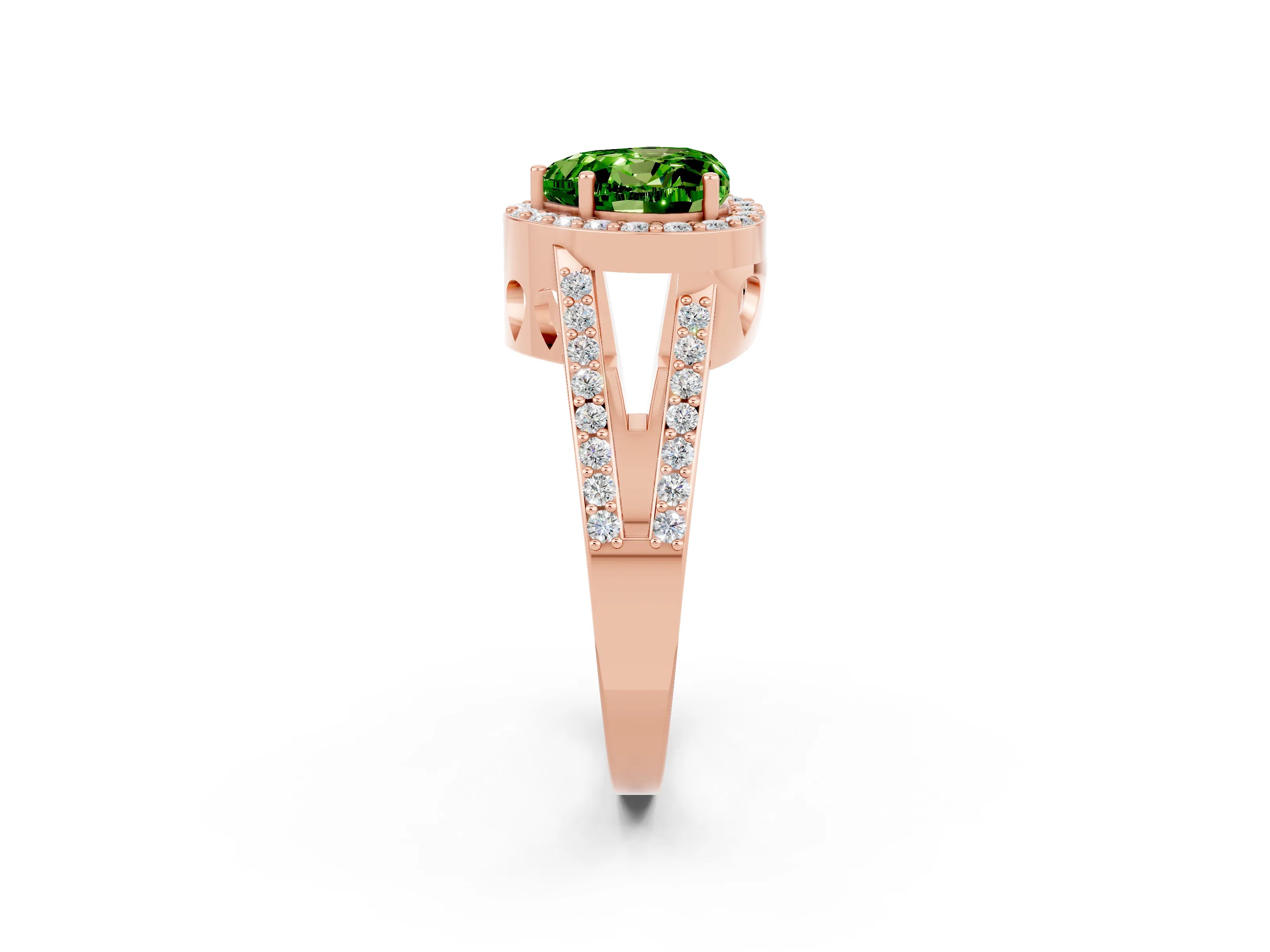 Rose gold Heart Cut Peridot Halo Ring with Split Shank U-Prong Band and Four-Prong Setting_2