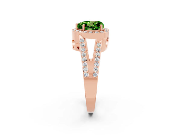 Rose gold Heart Cut Peridot Halo Ring with Split Shank U-Prong Band and Four-Prong Setting