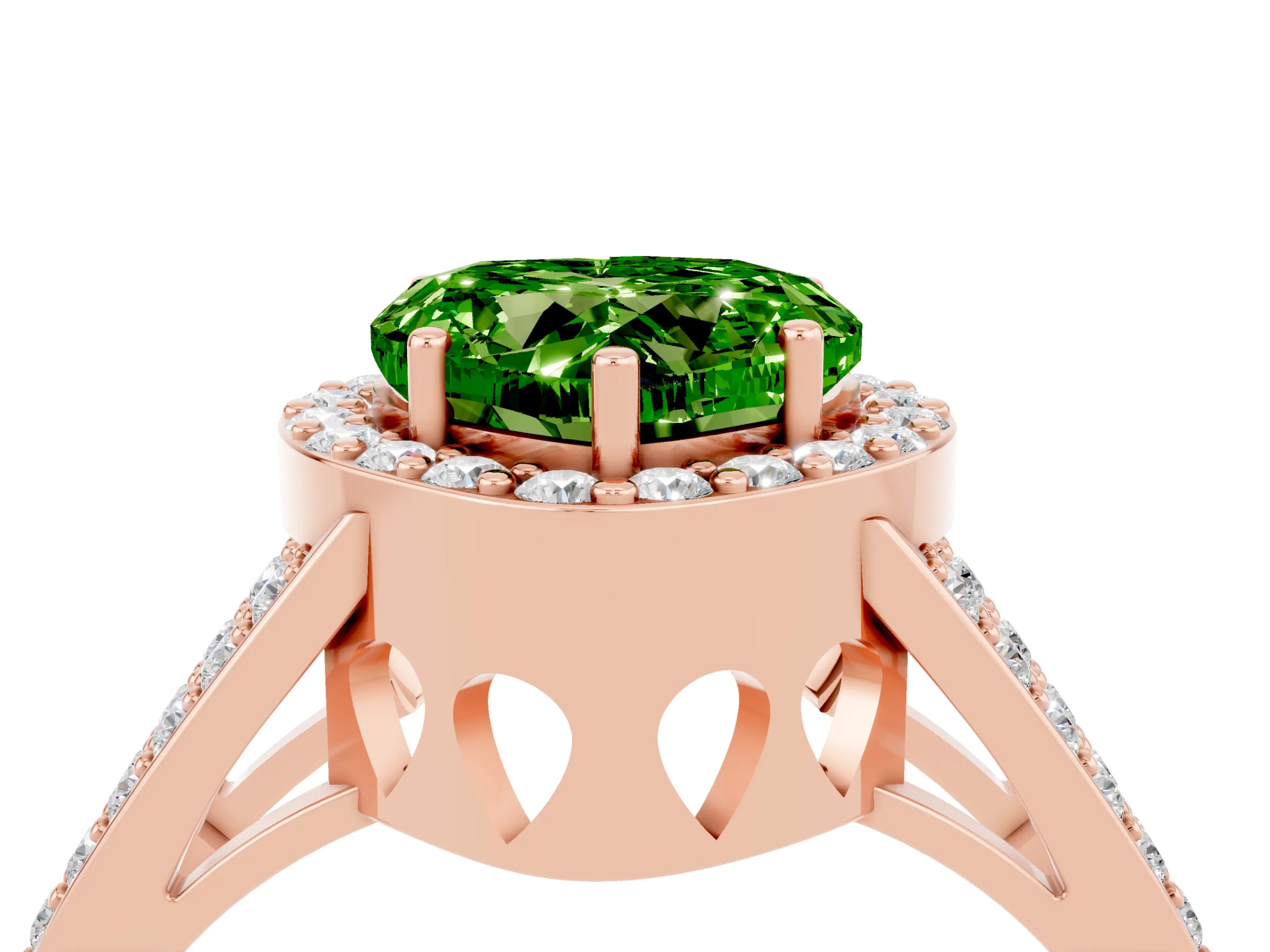 Rose gold Heart Cut Peridot Halo Ring with Split Shank U-Prong Band and Four-Prong Setting_4