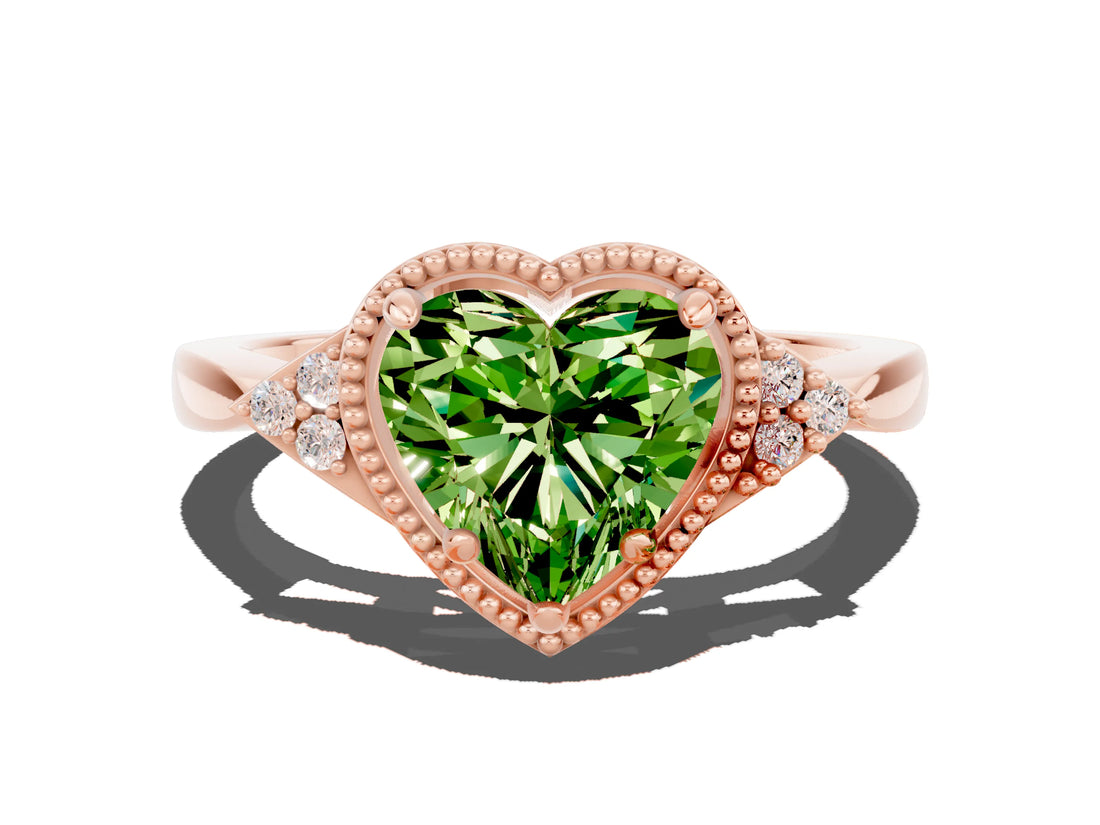 Rose gold Heart Cut Peridot Halo Ring with Tapered Band and Four-Prong Setting