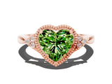 Rose gold Heart Cut Peridot Halo Ring with Tapered Band and Four-Prong Setting