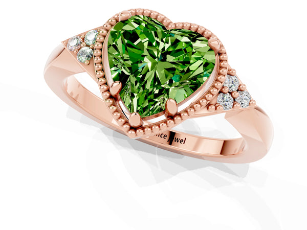Rose gold Heart Cut Peridot Halo Ring with Tapered Band and Four-Prong Setting
