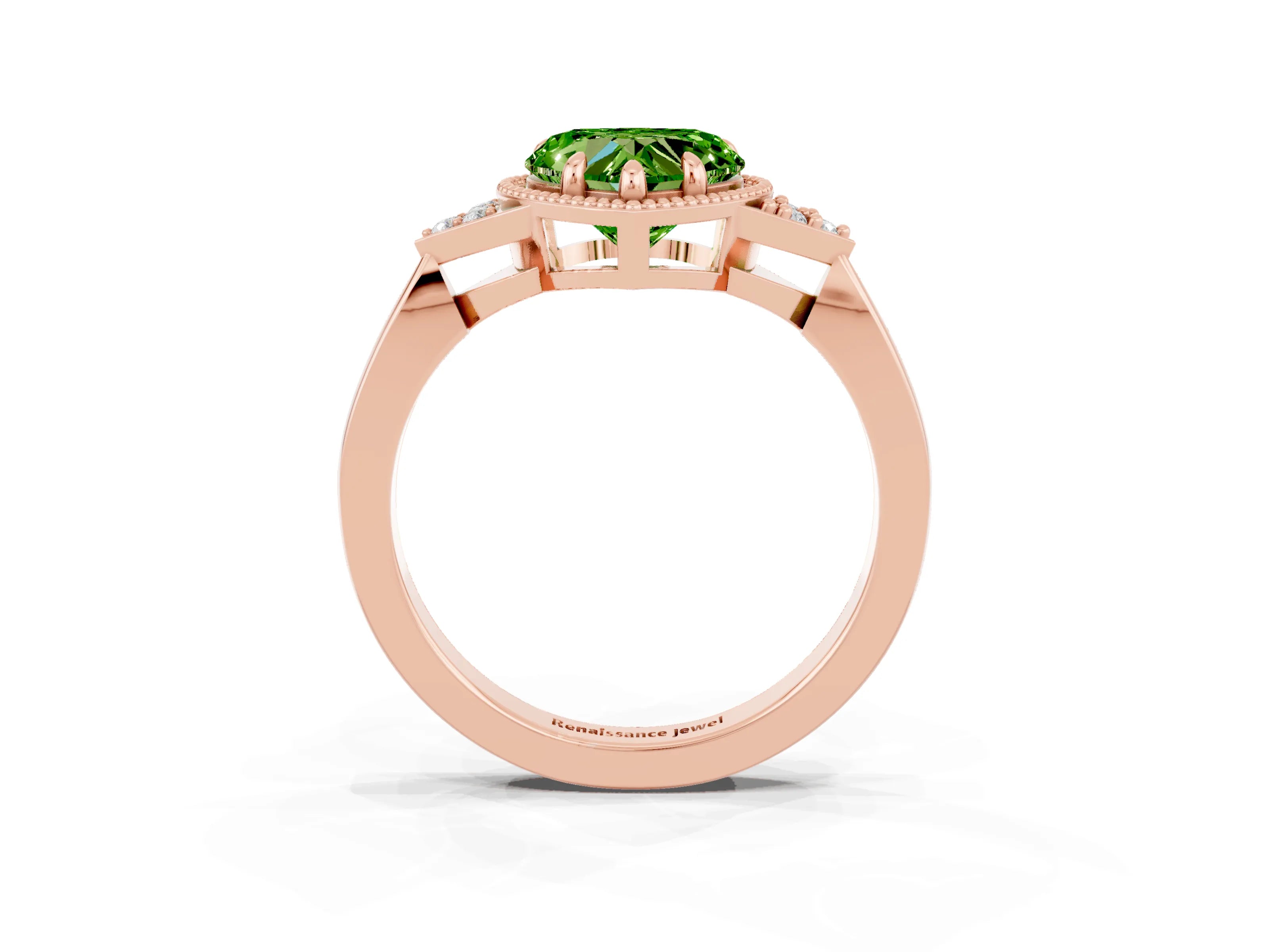 Rose gold Heart Cut Peridot Halo Ring with Tapered Band and Four-Prong Setting_3