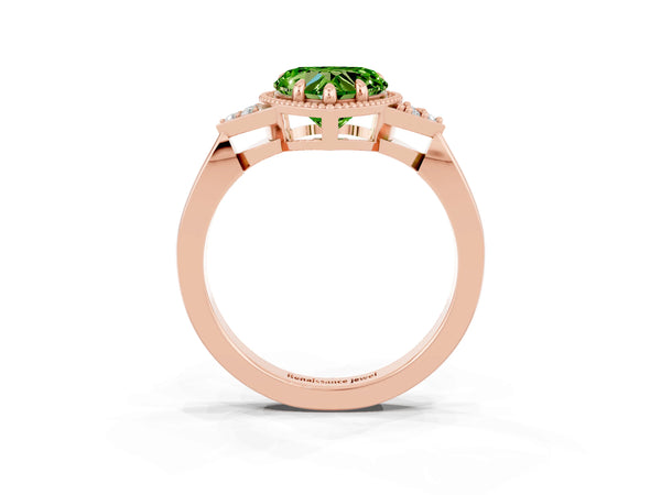 Rose gold Heart Cut Peridot Halo Ring with Tapered Band and Four-Prong Setting