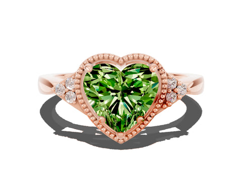 Rose gold Heart Cut Peridot Halo Ring with Tapered Band and Four-Prong Setting