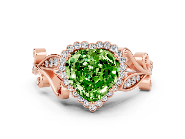 Rose gold Heart Cut Peridot Halo Ring with Vintage Split Shank and Four-Prong Setting