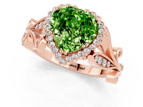 Rose gold Heart Cut Peridot Halo Ring with Vintage Split Shank and Four-Prong Setting_1
