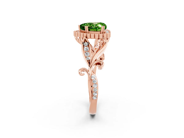Rose gold Heart Cut Peridot Halo Ring with Vintage Split Shank and Four-Prong Setting