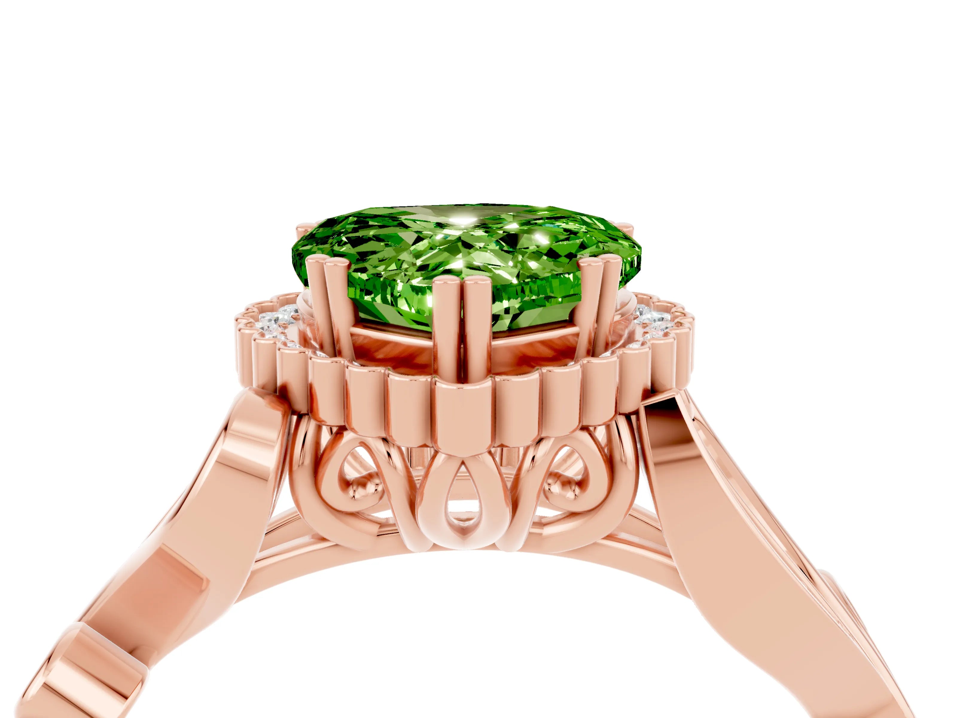 Rose gold Heart Cut Peridot Halo Ring with Vintage Split Shank and Four-Prong Setting_4