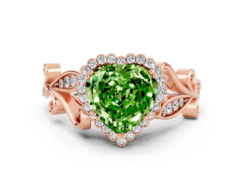 Rose gold Heart Cut Peridot Halo Ring with Vintage Split Shank and Four-Prong Setting