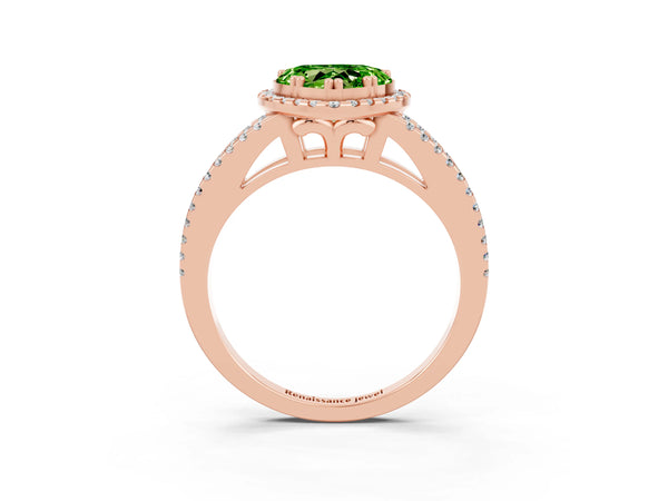 Rose gold Heart Cut Peridot Halo Split Shank Engagement Ring