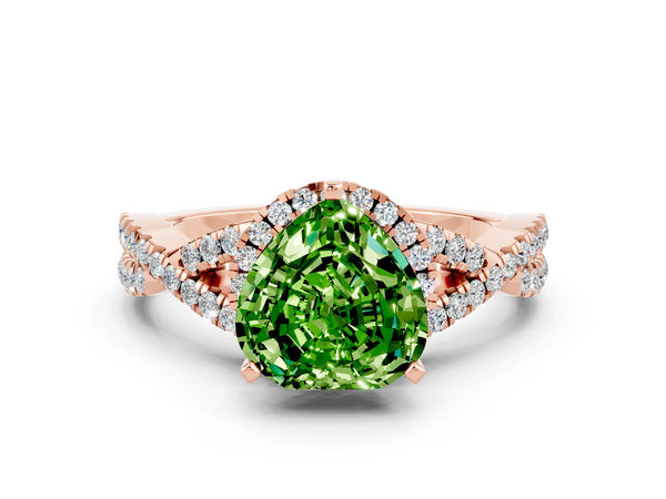 Rose gold Heart Cut Peridot  Halo Twist Band Solitaire Prong Setting Ring