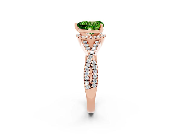 Rose gold Heart Cut Peridot  Halo Twist Band Solitaire Prong Setting Ring