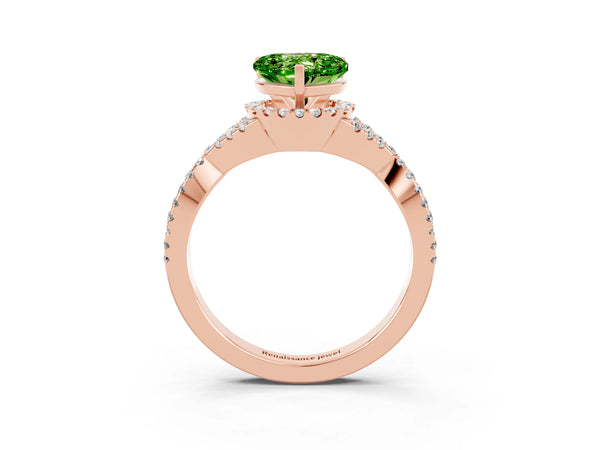 Rose gold Heart Cut Peridot  Halo Twist Band Solitaire Prong Setting Ring
