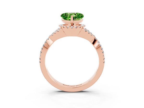 Rose gold Heart Cut Peridot  Halo Twist Band Solitaire Prong Setting Ring