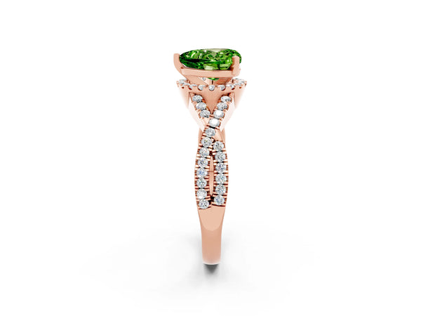 Rose gold Heart Cut Peridot  Halo Twist Band Solitaire Prong Setting Ring