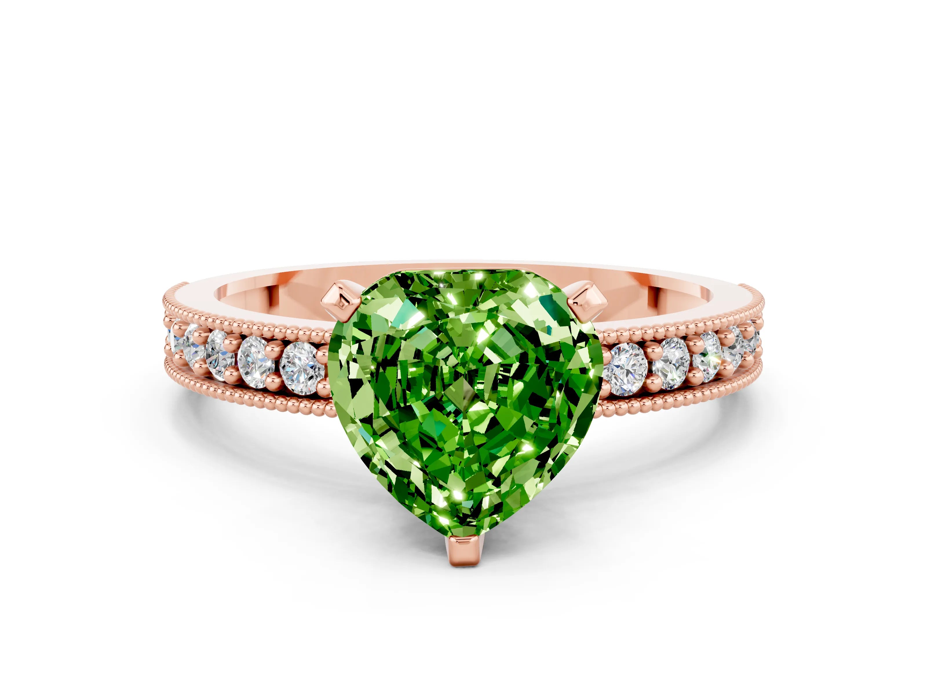 Rose gold Heart Cut Peridot Milgrain Pavé Engagement Ring with Four-Prong Setting_12