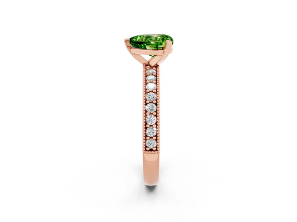 Rose gold Heart Cut Peridot Milgrain Pavé Engagement Ring with Four-Prong Setting