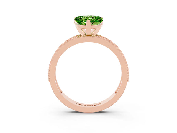Rose gold Heart Cut Peridot Milgrain Pavé Engagement Ring with Four-Prong Setting