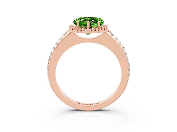Rose gold Heart Cut Peridot Pavé Halo Ring with Four-Prong Setting