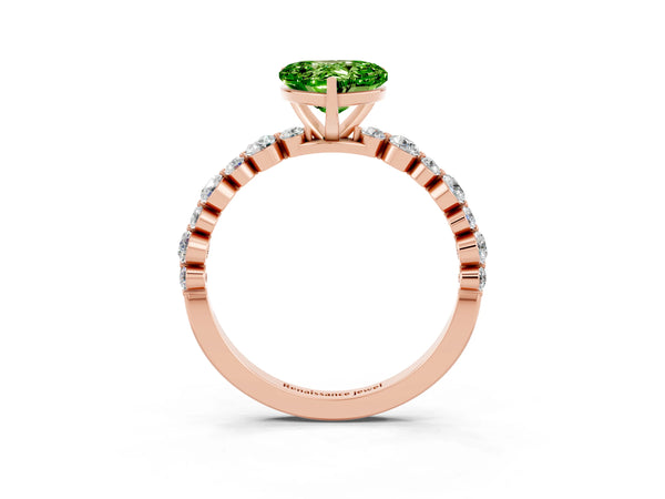 Rose gold Heart Cut Peridot Prong Set Engagement Ring with Pavé Band