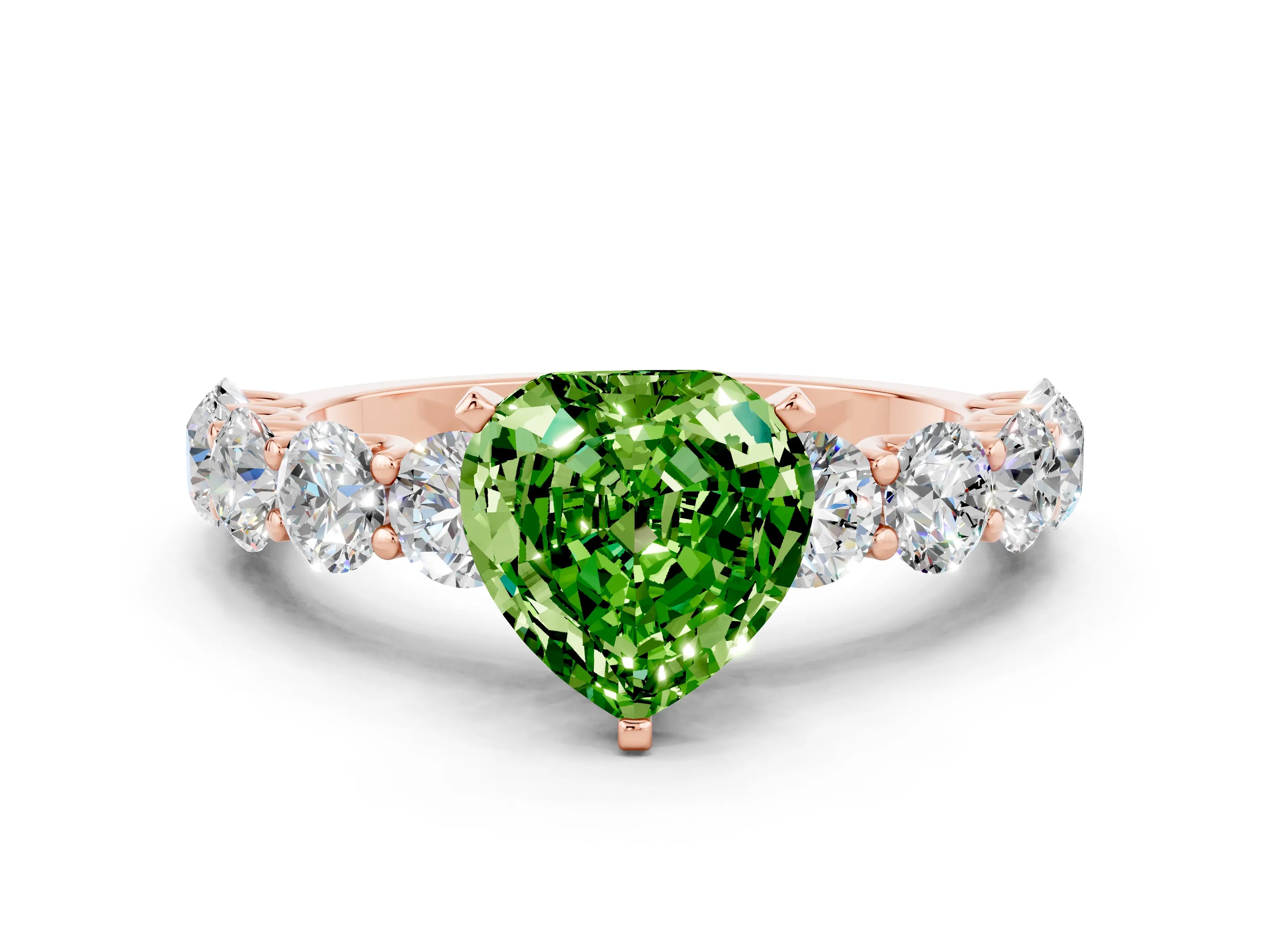 Rose gold Heart Cut Peridot Prong Setting with Side Stones on a Pave Band