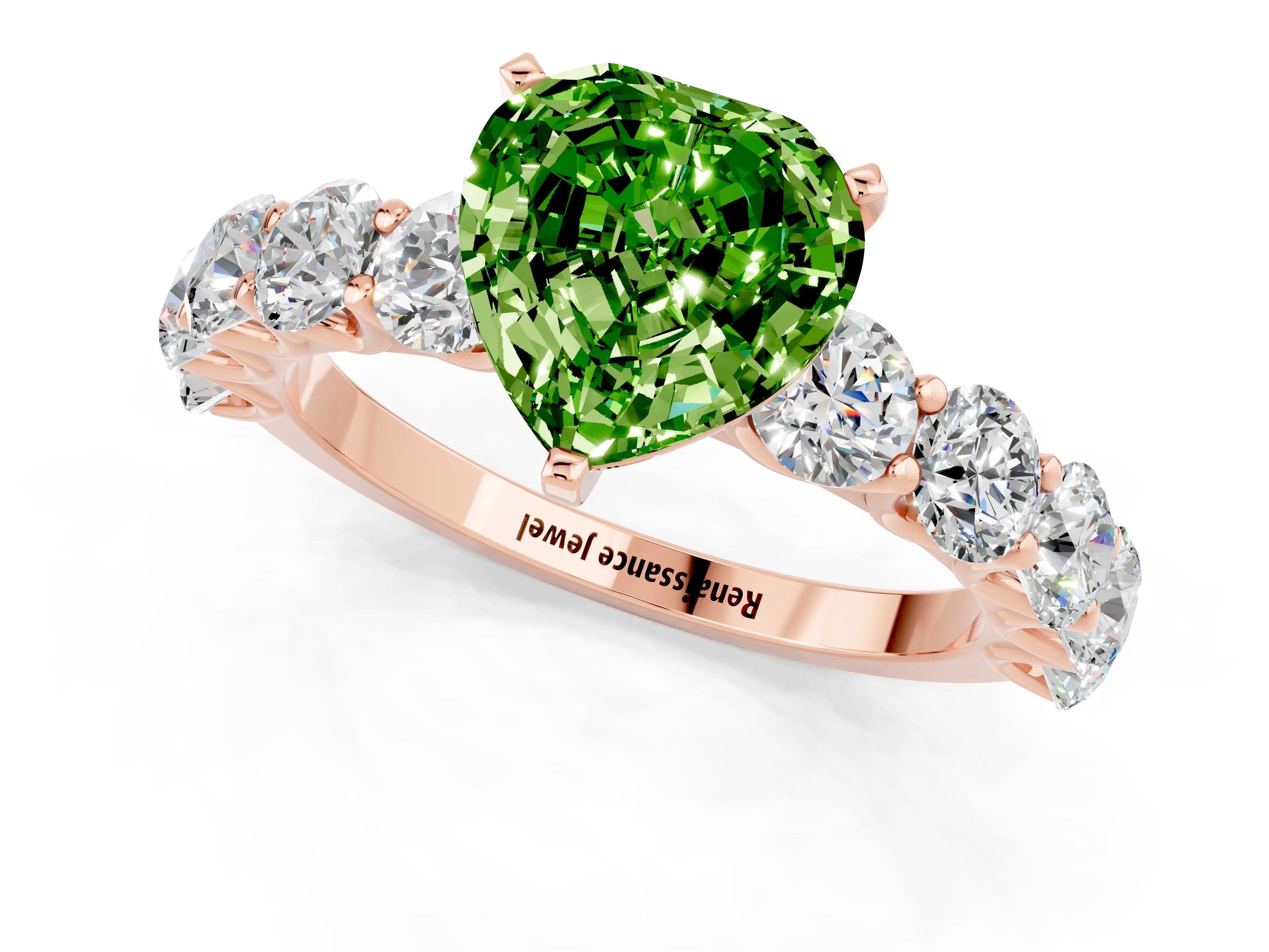 Rose gold Heart Cut Peridot Prong Setting with Side Stones on a Pave Band_1