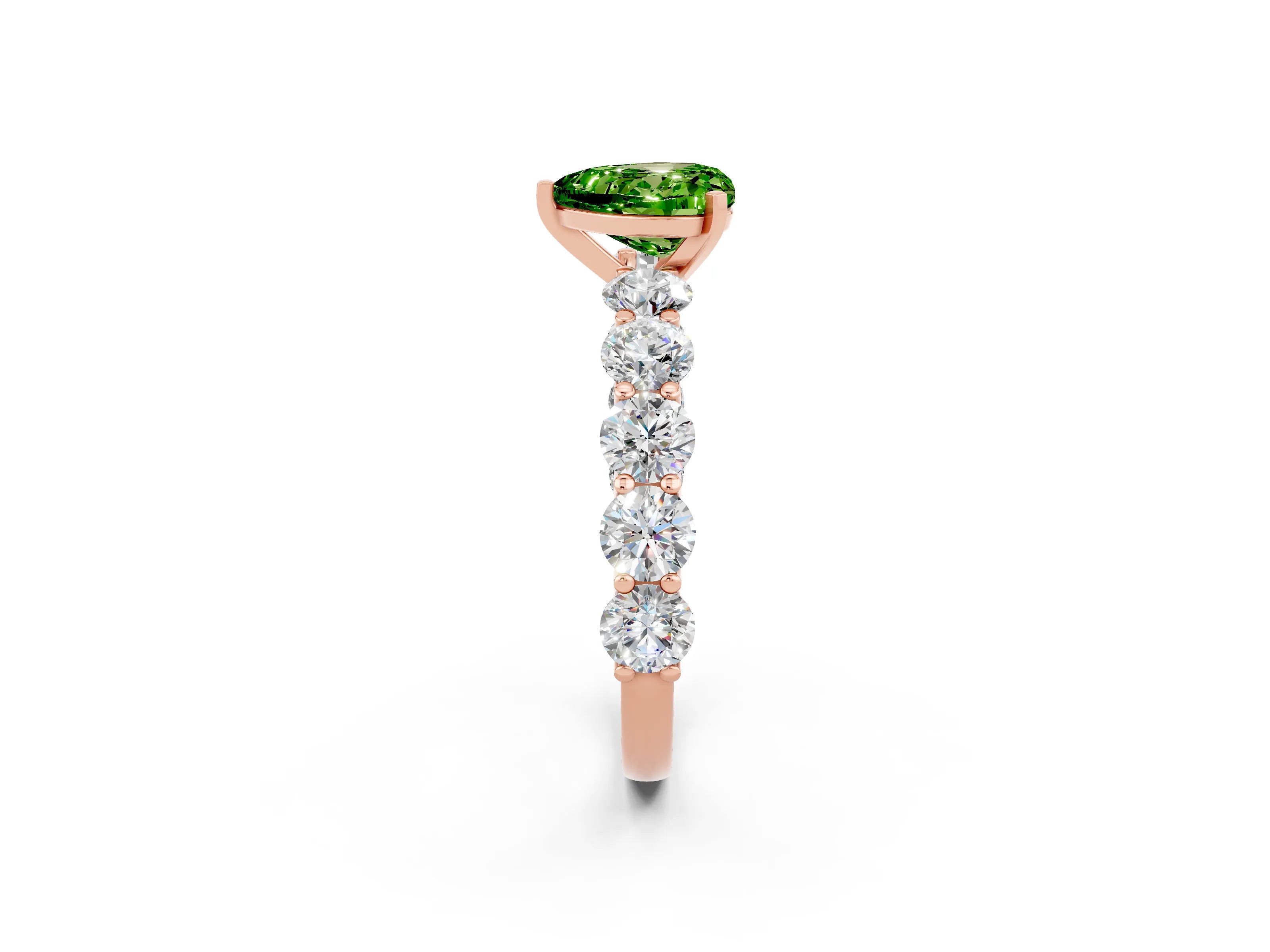 Rose gold Heart Cut Peridot Prong Setting with Side Stones on a Pave Band_2