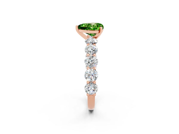 Rose gold Heart Cut Peridot Prong Setting with Side Stones on a Pave Band