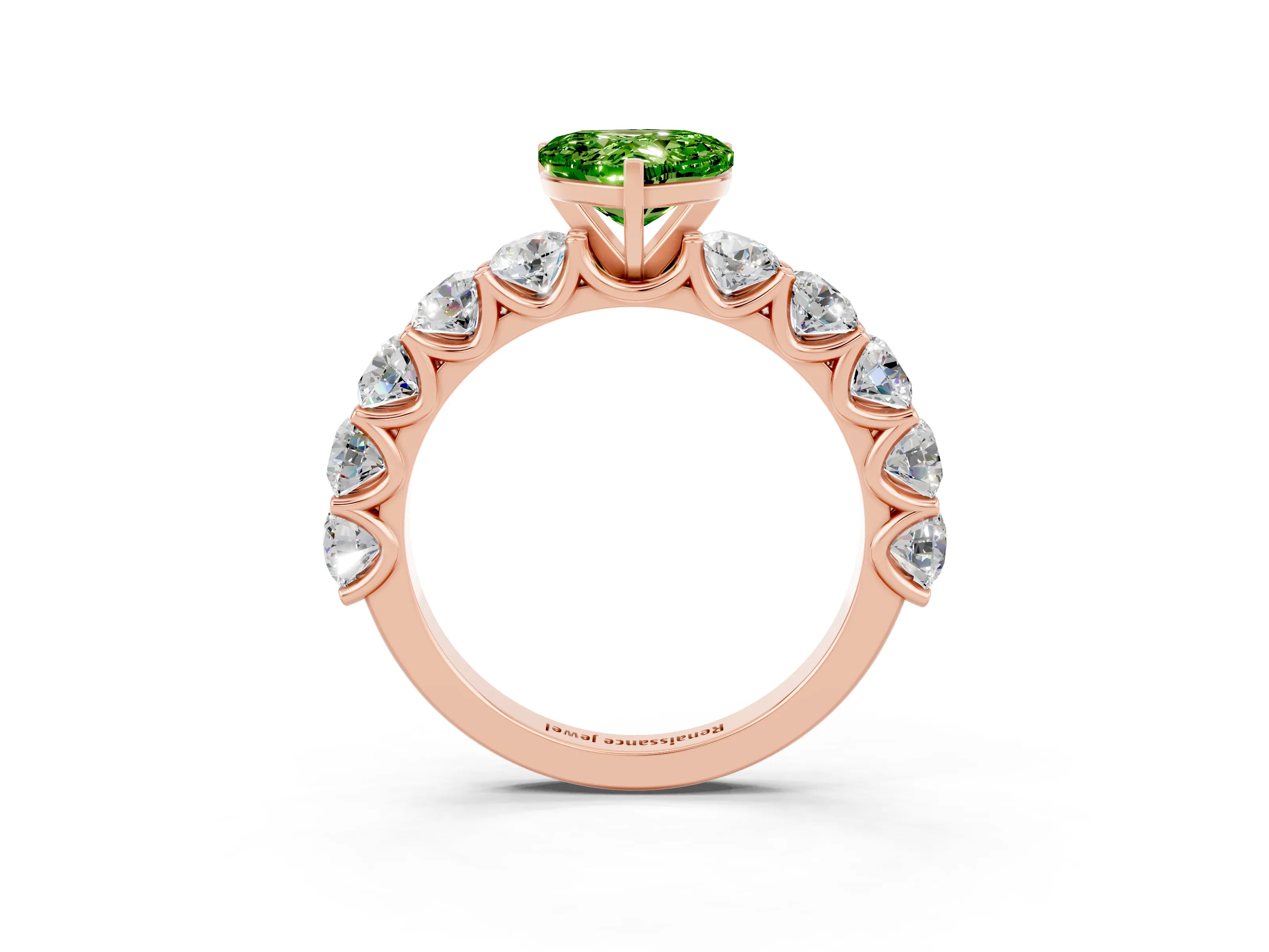 Rose gold Heart Cut Peridot Prong Setting with Side Stones on a Pave Band_3