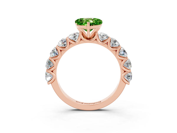 Rose gold Heart Cut Peridot Prong Setting with Side Stones on a Pave Band