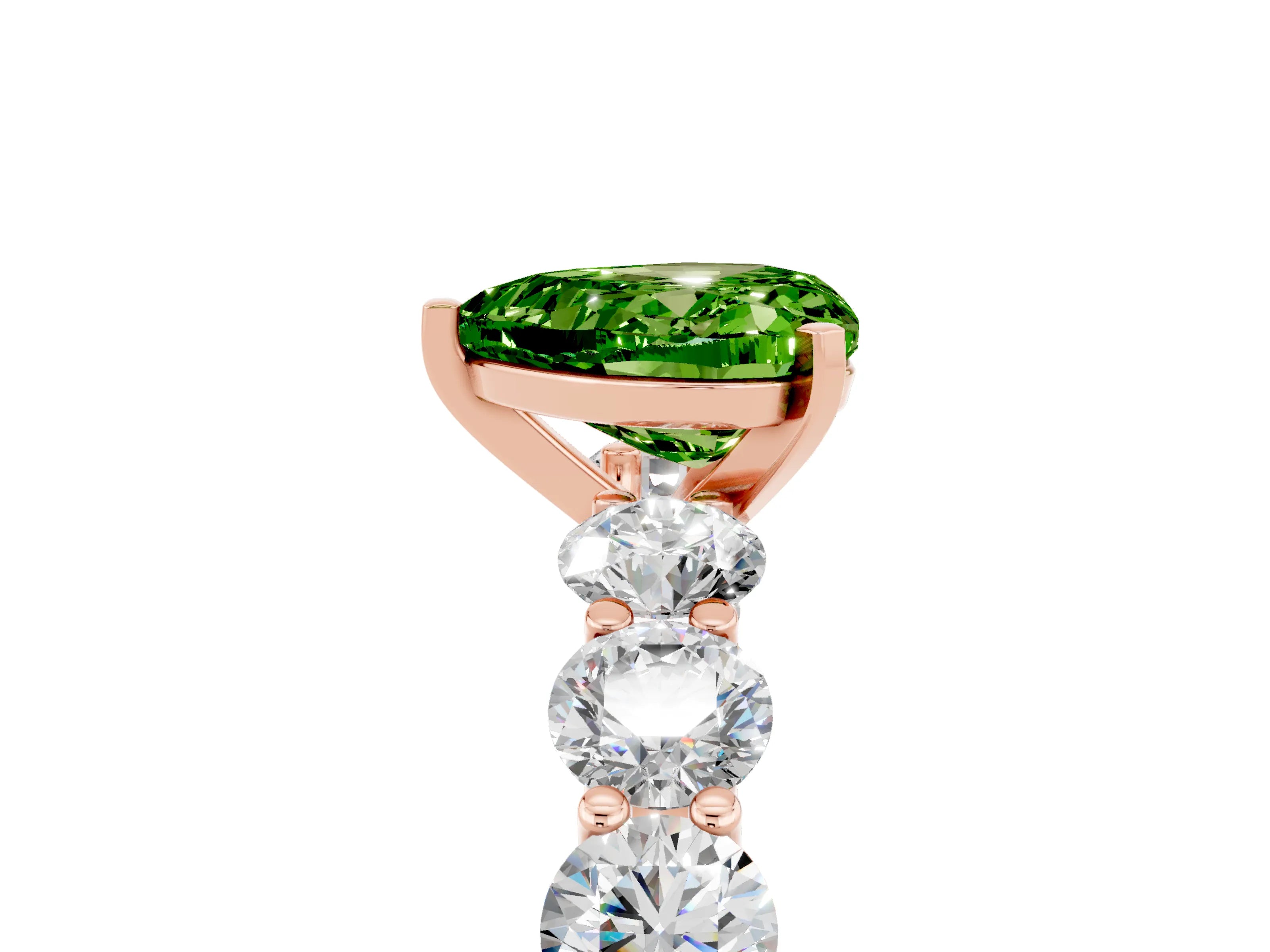 Rose gold Heart Cut Peridot Prong Setting with Side Stones on a Pave Band_5