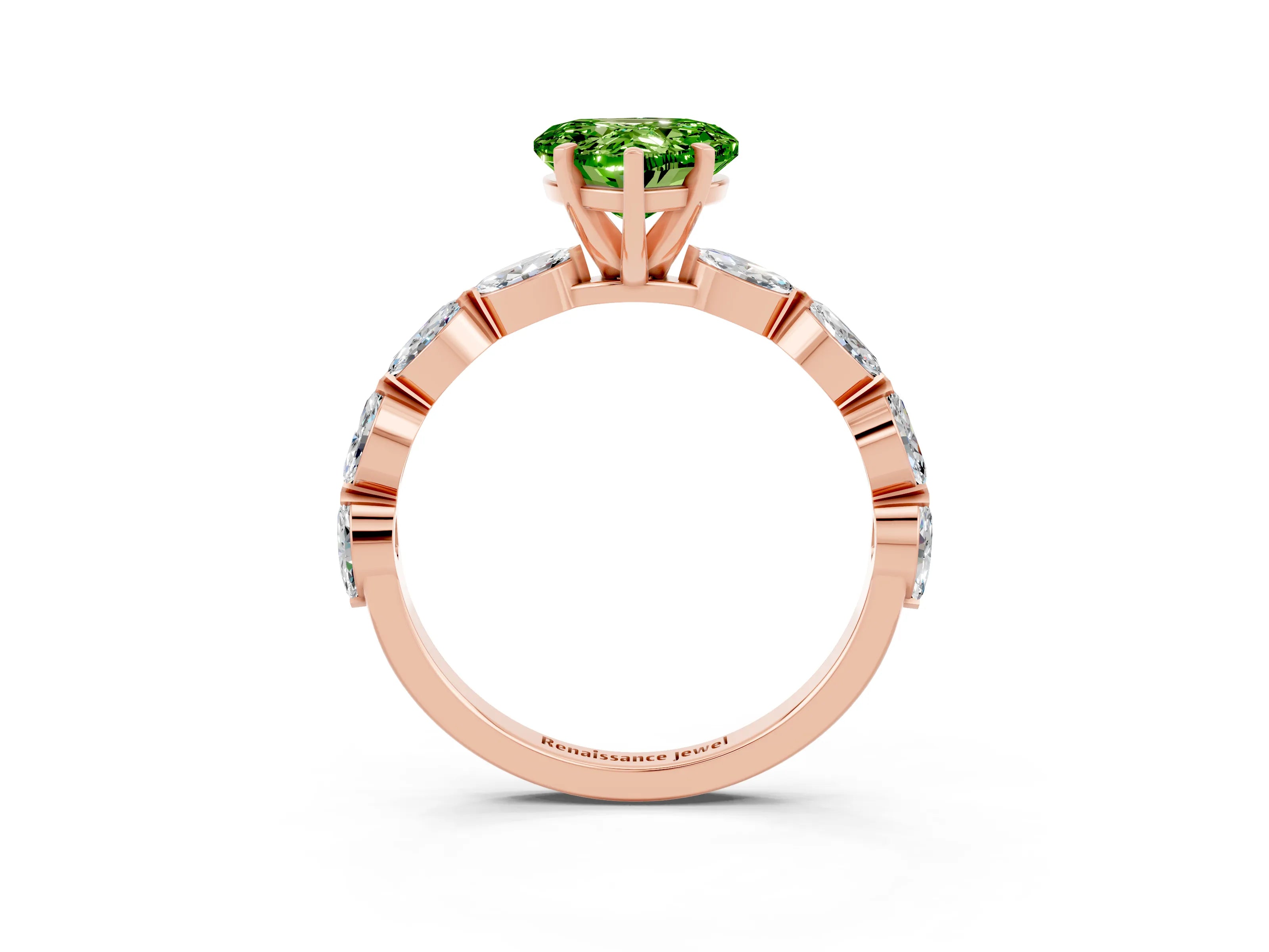Rose gold Heart Cut Peridot Ring with Marquise Side Stones and Prong Setting_3