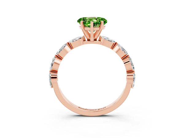 Rose gold Heart Cut Peridot Ring with Marquise Side Stones and Prong Setting