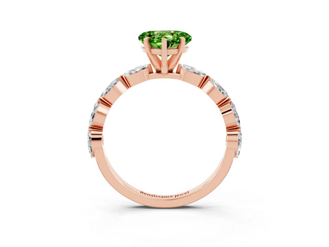 Rose gold Heart Cut Peridot Ring with Marquise Side Stones and Prong Setting_3