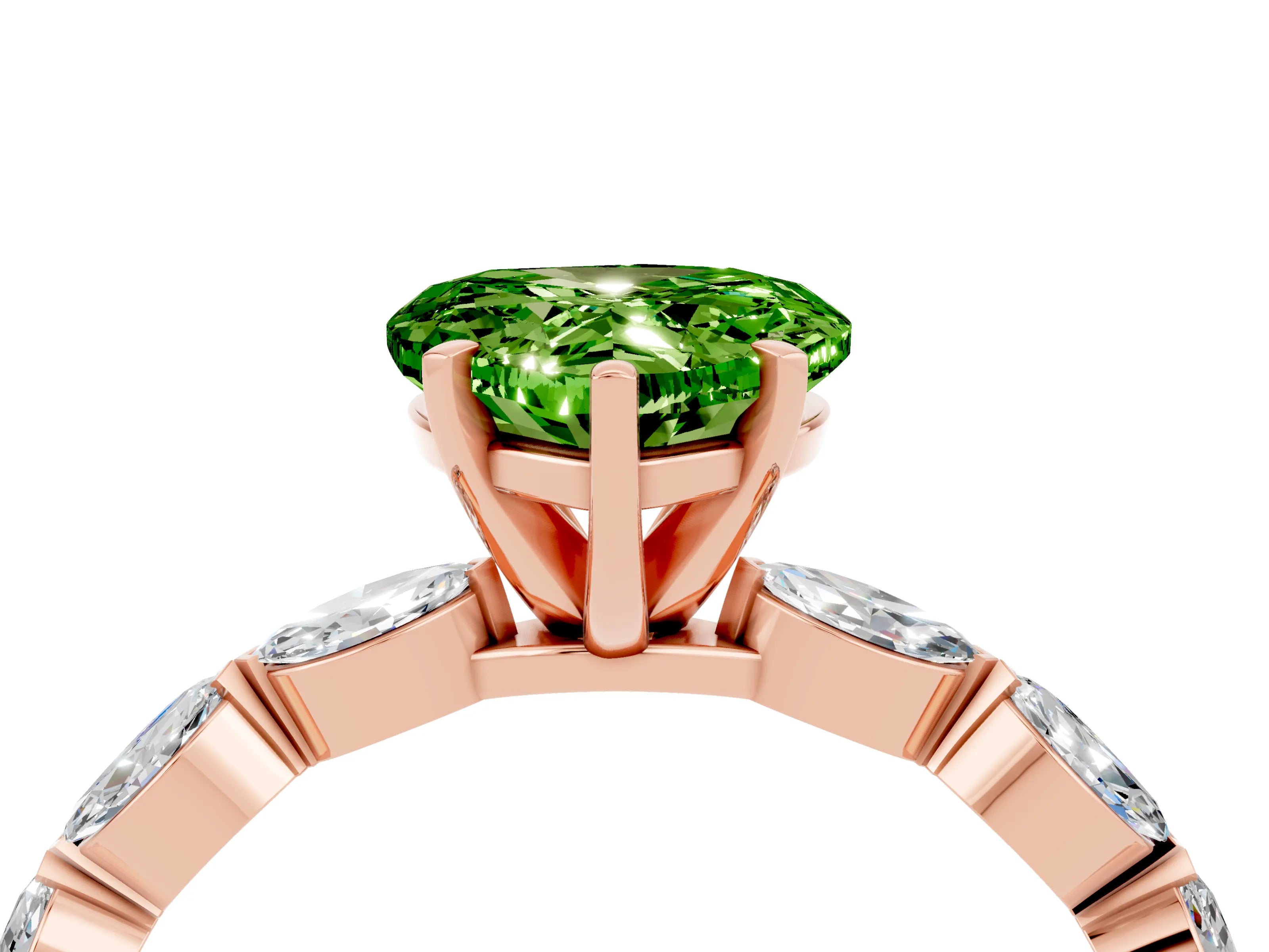 Rose gold Heart Cut Peridot Ring with Marquise Side Stones and Prong Setting_4