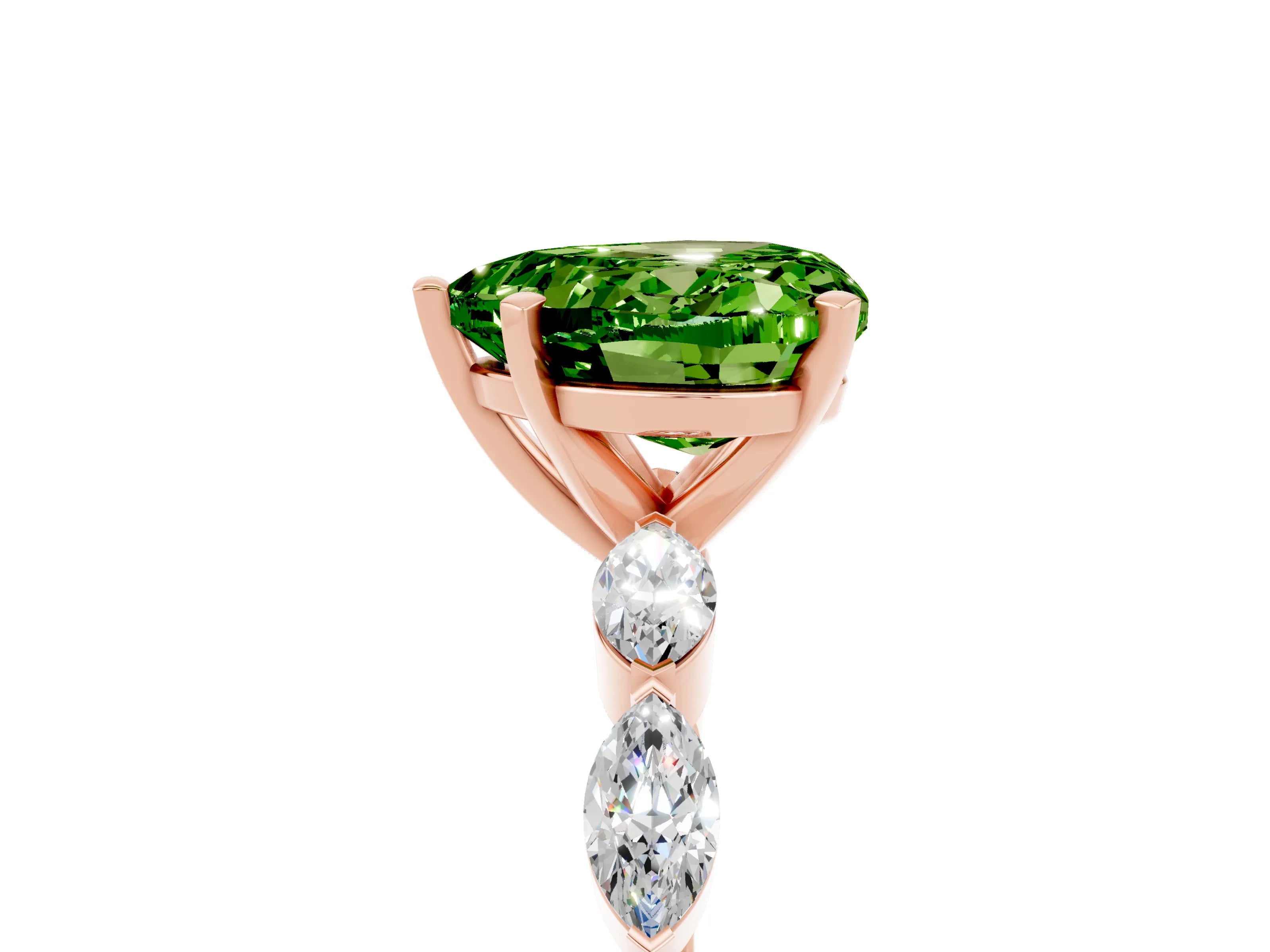 Rose gold Heart Cut Peridot Ring with Marquise Side Stones and Prong Setting_5
