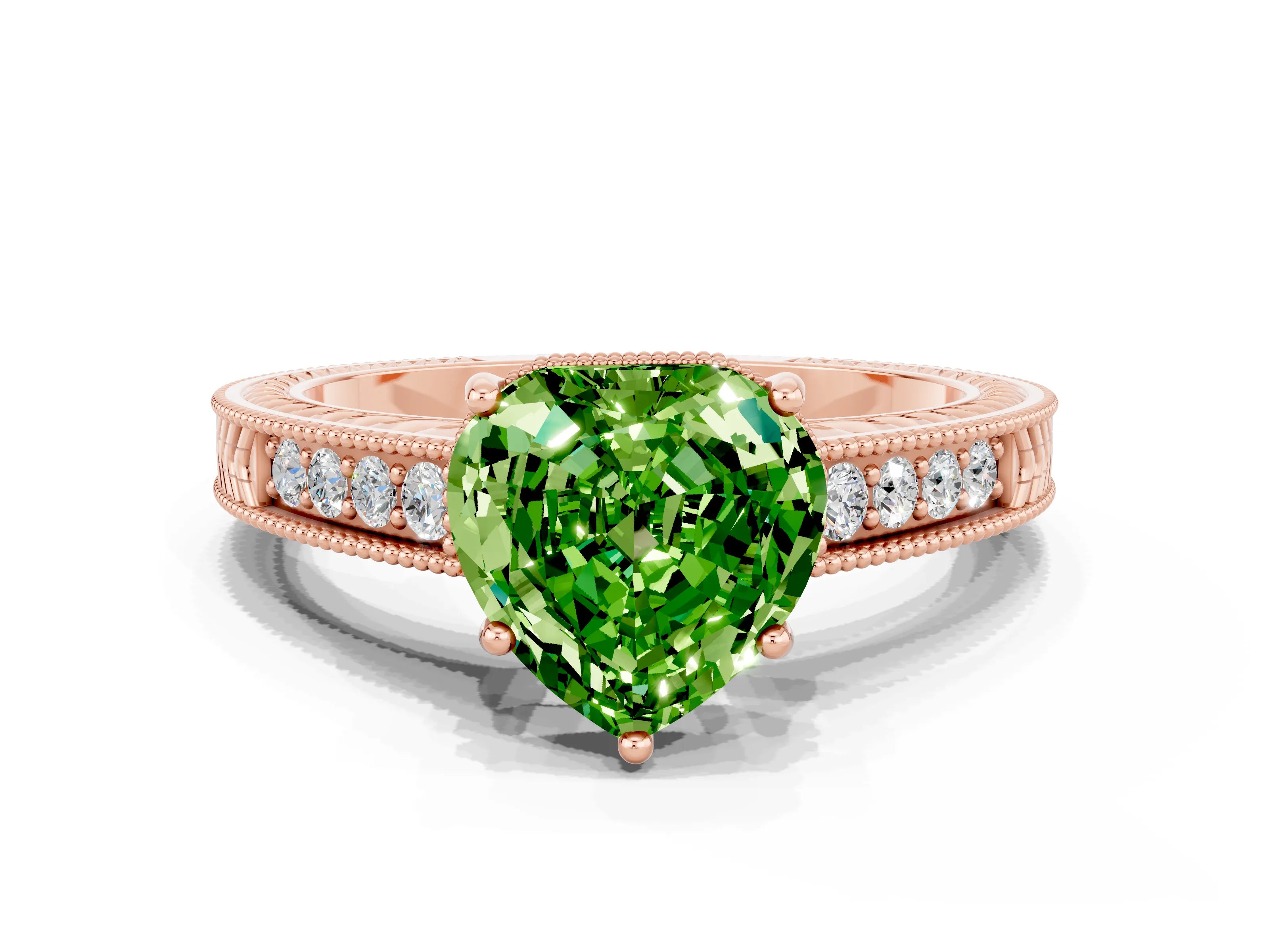 Rose gold Heart Cut Peridot Ring with Milgrain Pavé Band and Four-Prong Setting_12
